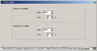 Cam on/ off switching control. Switch according to rpm and load. Any spare output can be assigned to this function. Cam on/ off switching control. Switch according to rpm and load. Any spare output can be assigned to this function.