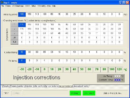 Injector Corrections screen - used during Cold Start calibration